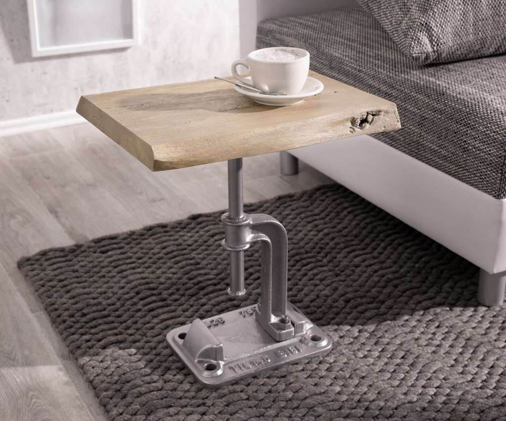 DELIFE Beistelltisch Live-Edge 40x33 Akazie Champagner massiv Silber, Beistelltische, Baumkantenmöbel, Massivholzmöbel, Massivholz, Baumkante, Wolf Live Edge