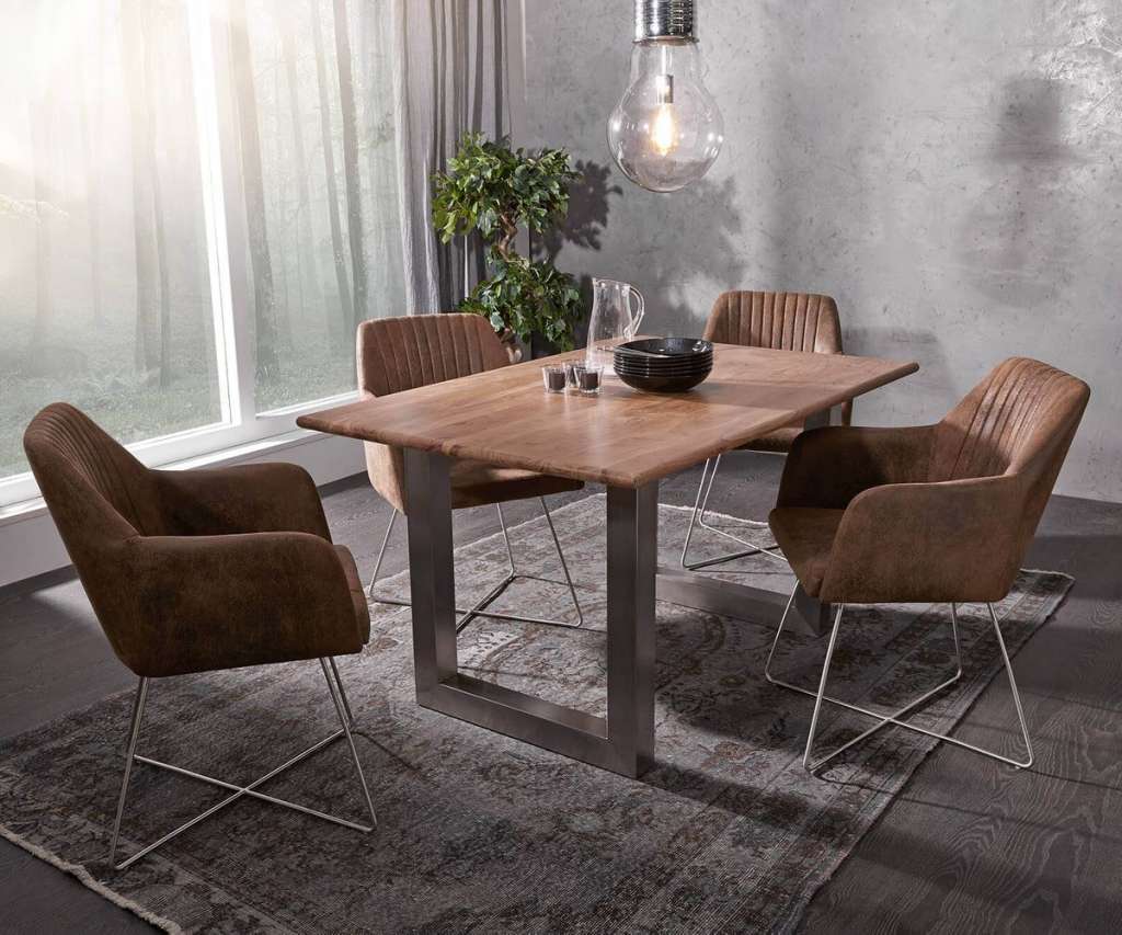 DELIFE Esstisch Curved-Edge 140x90 Akazie Natur Gestell Breit, Esstische