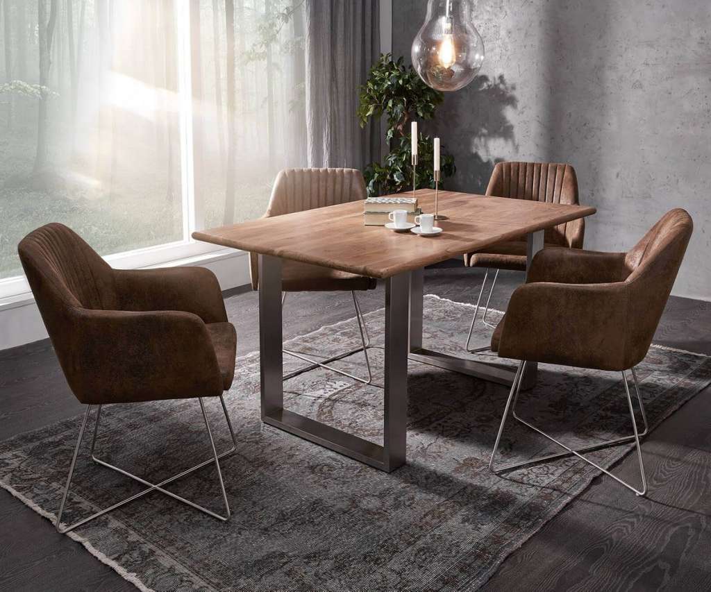 DELIFE Esstisch Curved-Edge 140x90 Akazie Natur Gestell Schmal, Esstische