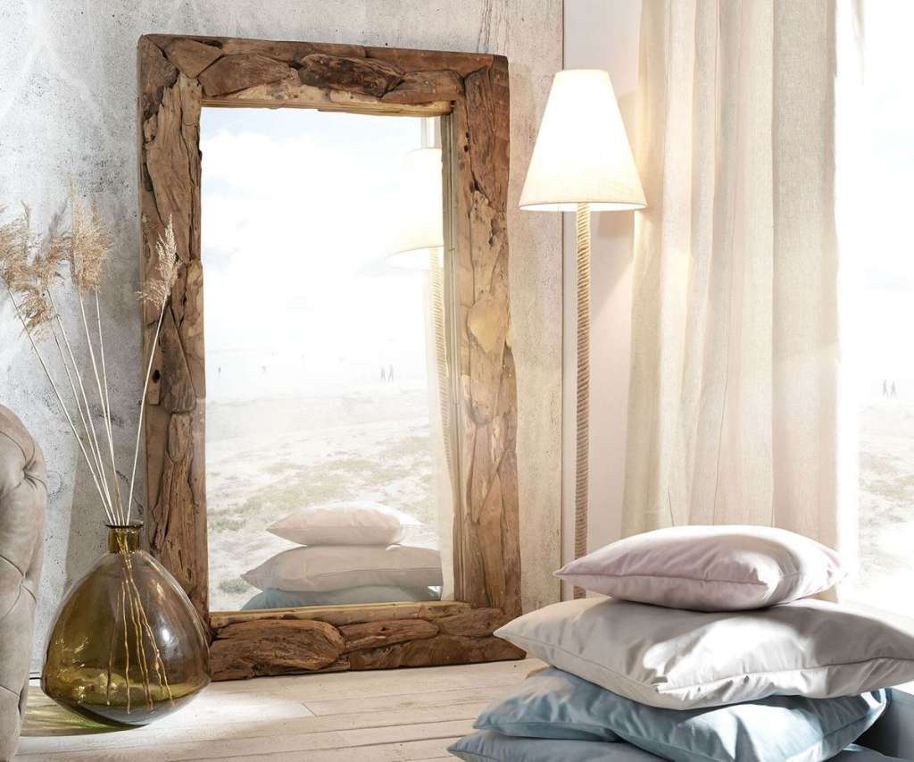 DELIFE Wandspiegel 160x60 Teak Natur handgefertigt Unikat, Spiegel