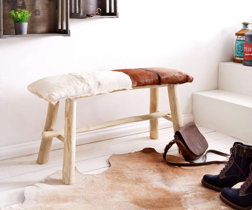 DELIFE Sitzbank Koza 90x30 cm Ziegenfell Braun Weiss Teakholz, Bänke