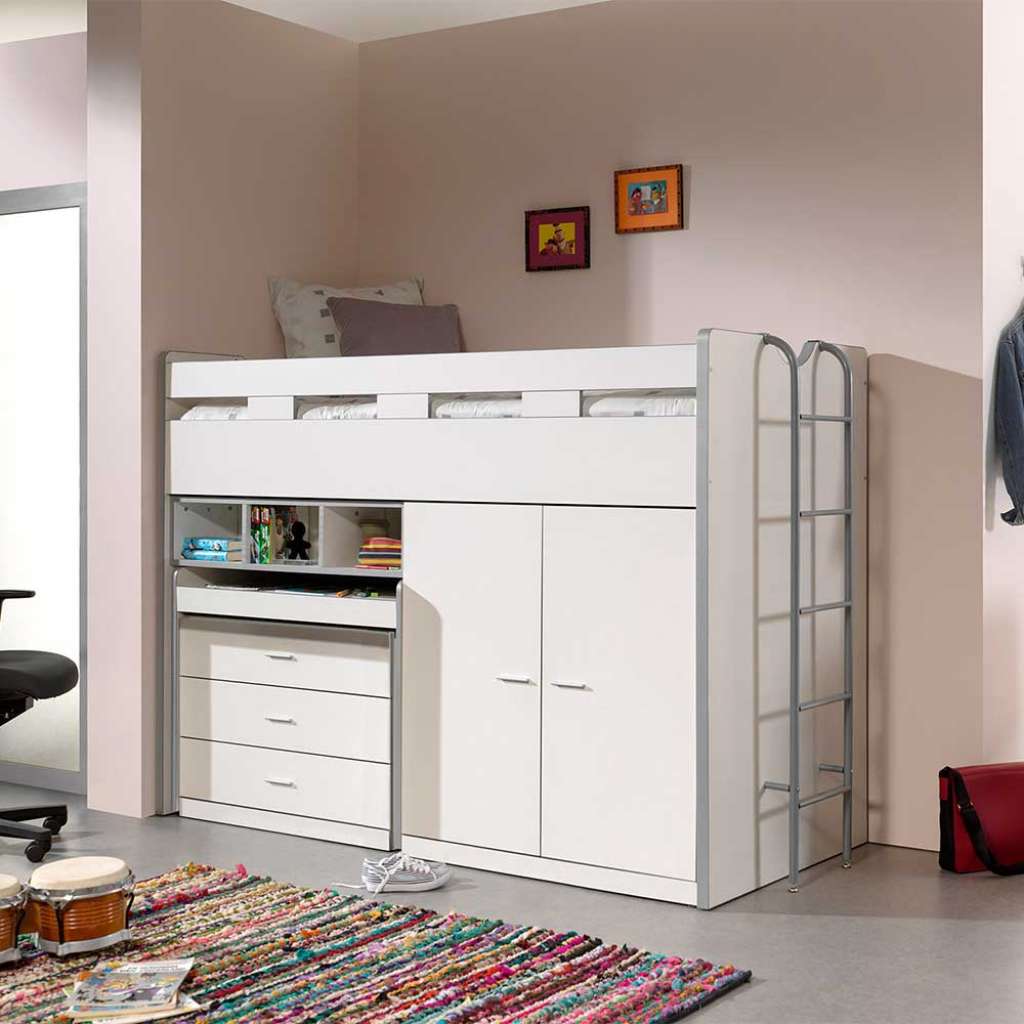Hochbettgestell in Weiß Schrank und Schreibtisch