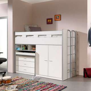 Hochbettgestell in Weiß Schrank und Schreibtisch