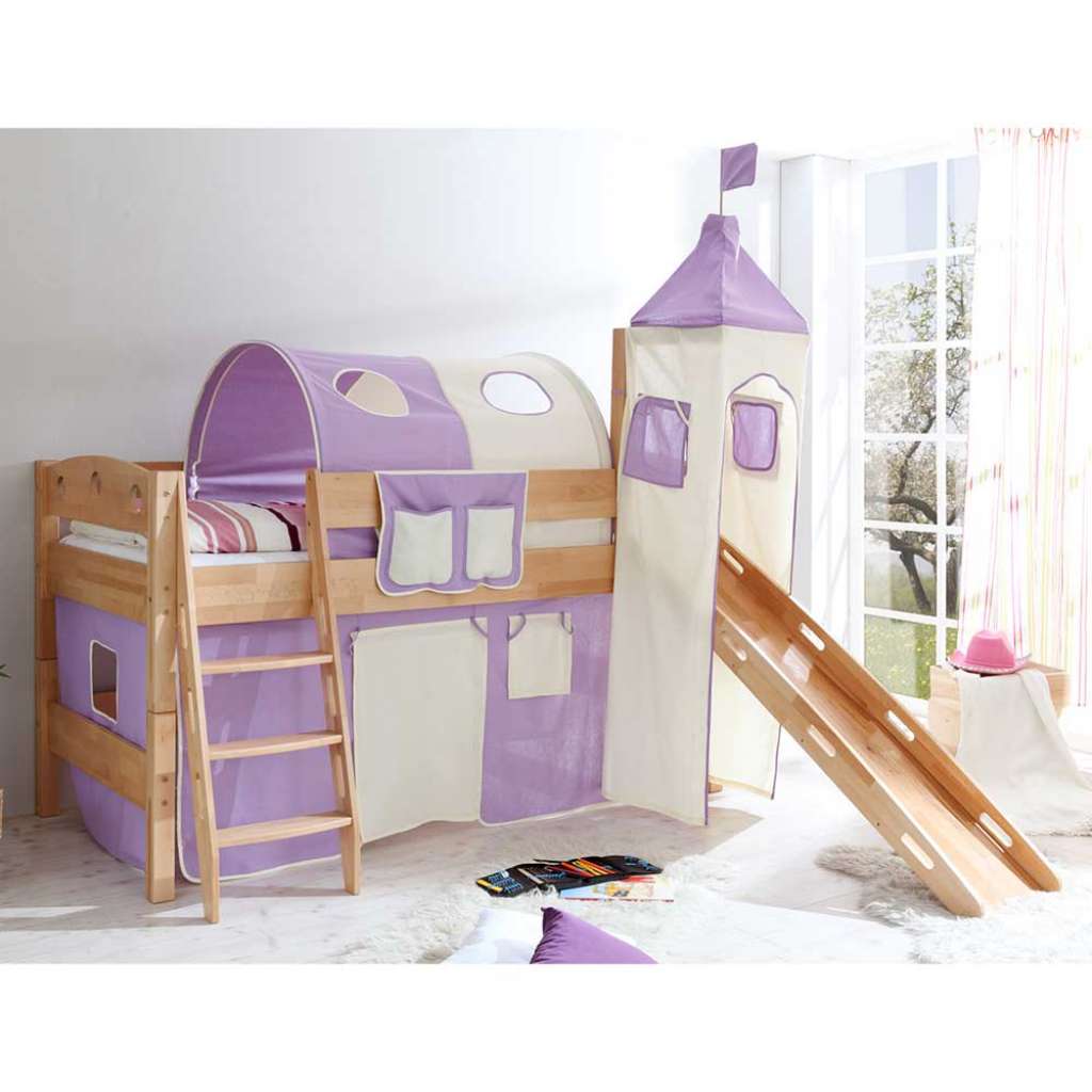 Mädchen Rutschbett aus Buche Massivholz Turm in Lila Beige