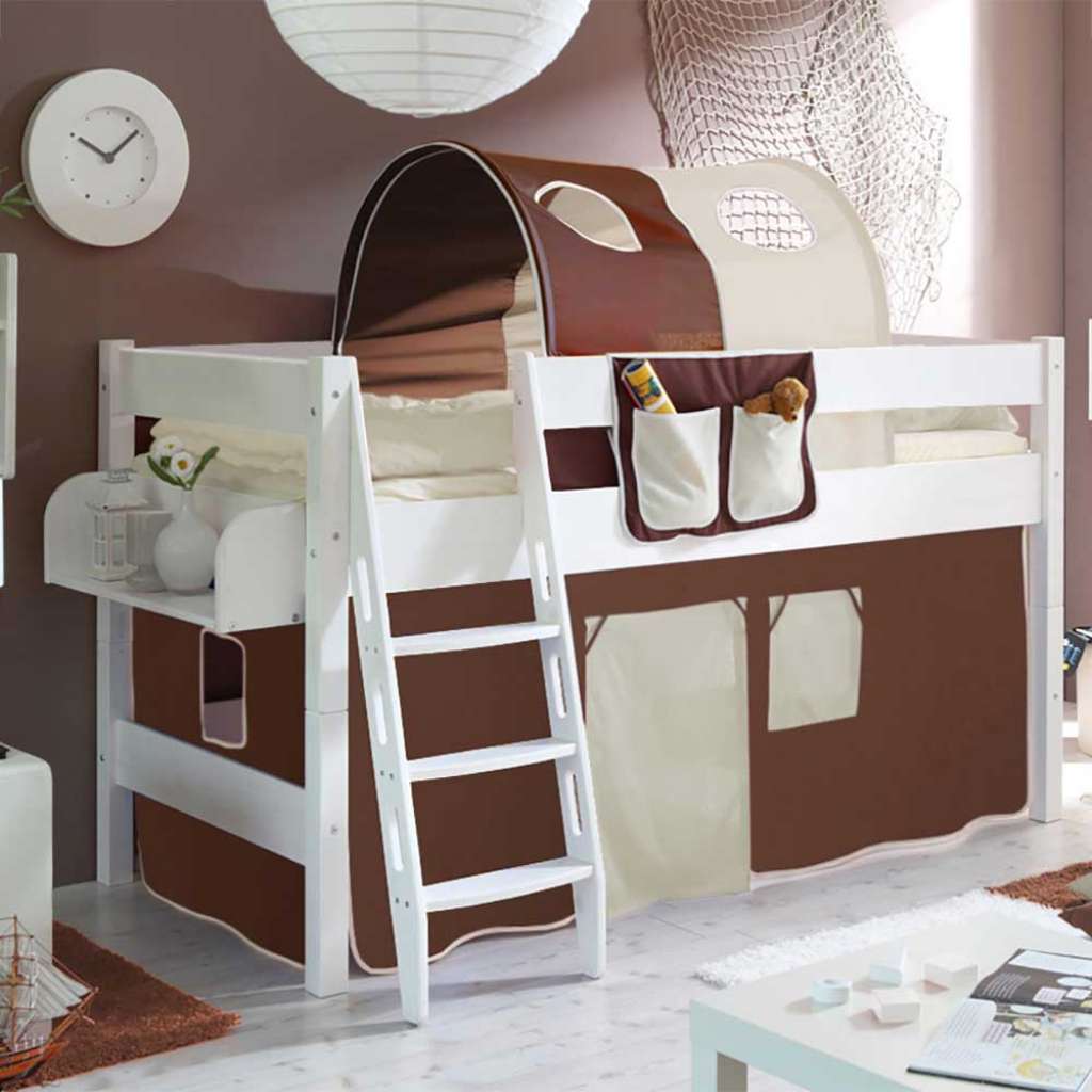 Vorhang Halbhochbett in Weiß Braun Kiefer Massivholz