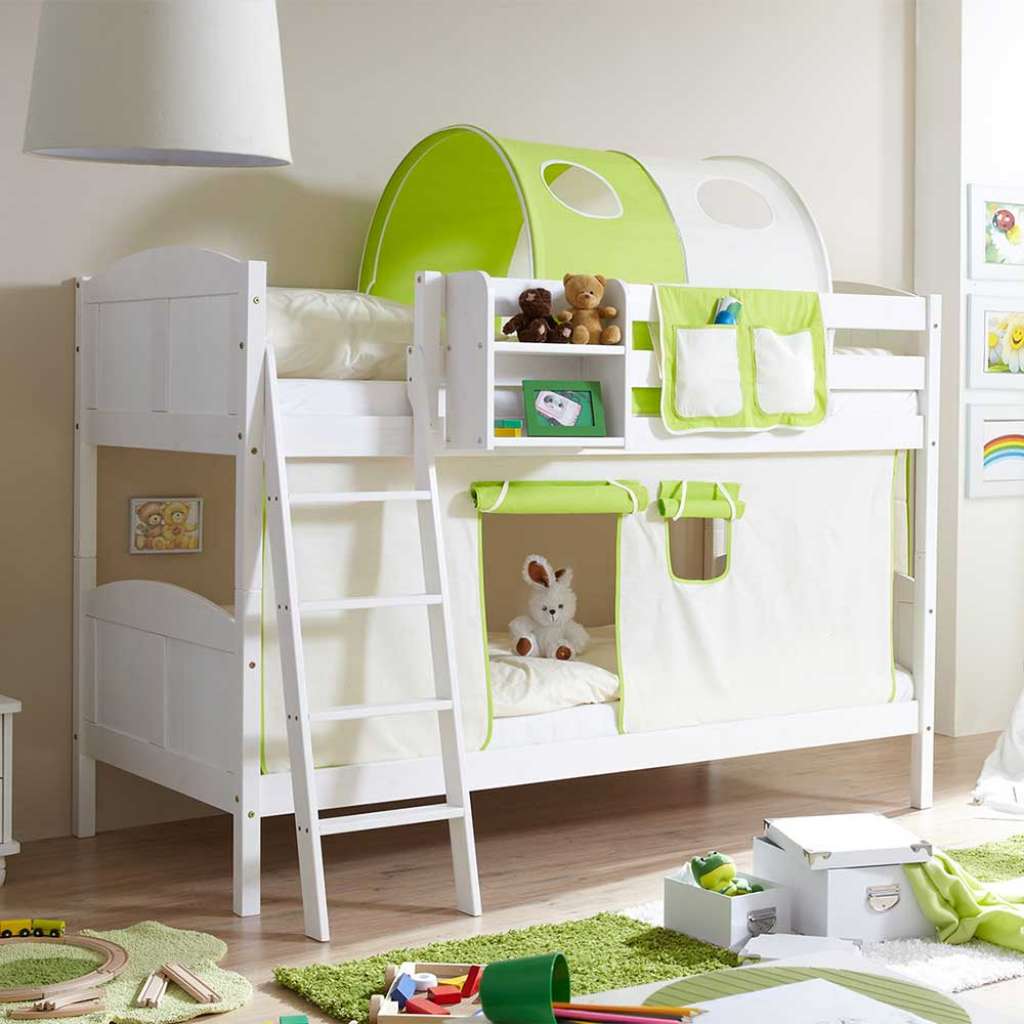 Etagenhochbett in Weiß Kiefer massiv Vorhang in Hellgrün