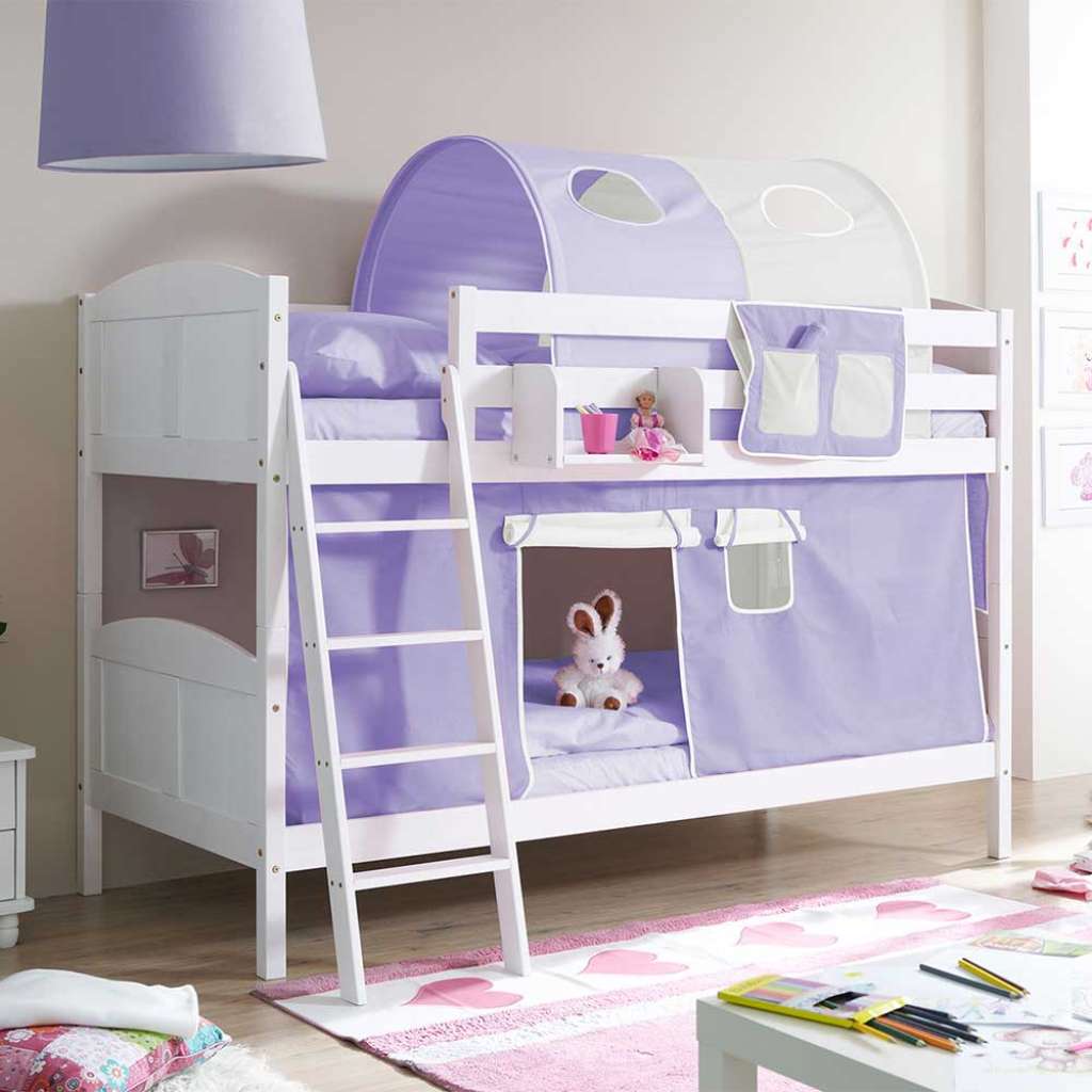 Etagen Hochbett in Weiß Kiefer massiv Vorhang und Tunnel in Blau