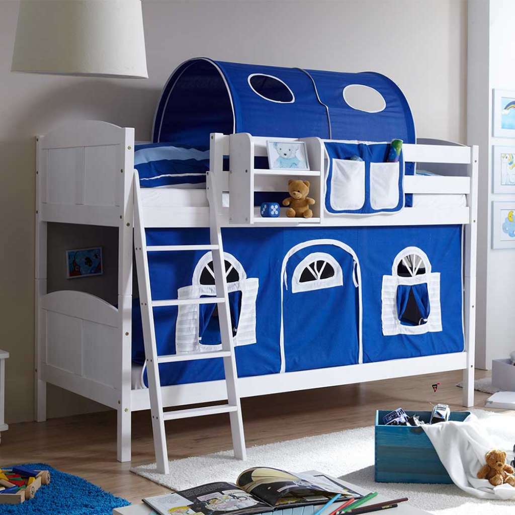 Kinderdoppelhochbett aus Kiefer Massivholz in Weiß Vorhang in Blau