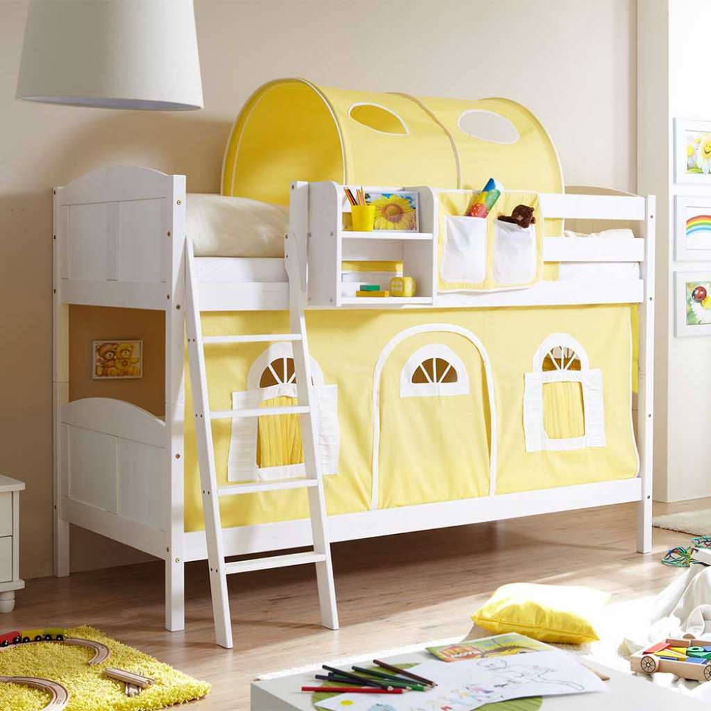Etagenbett aus Kiefer Massivholz in Weiß Tunnel und Vorhang in Gelb