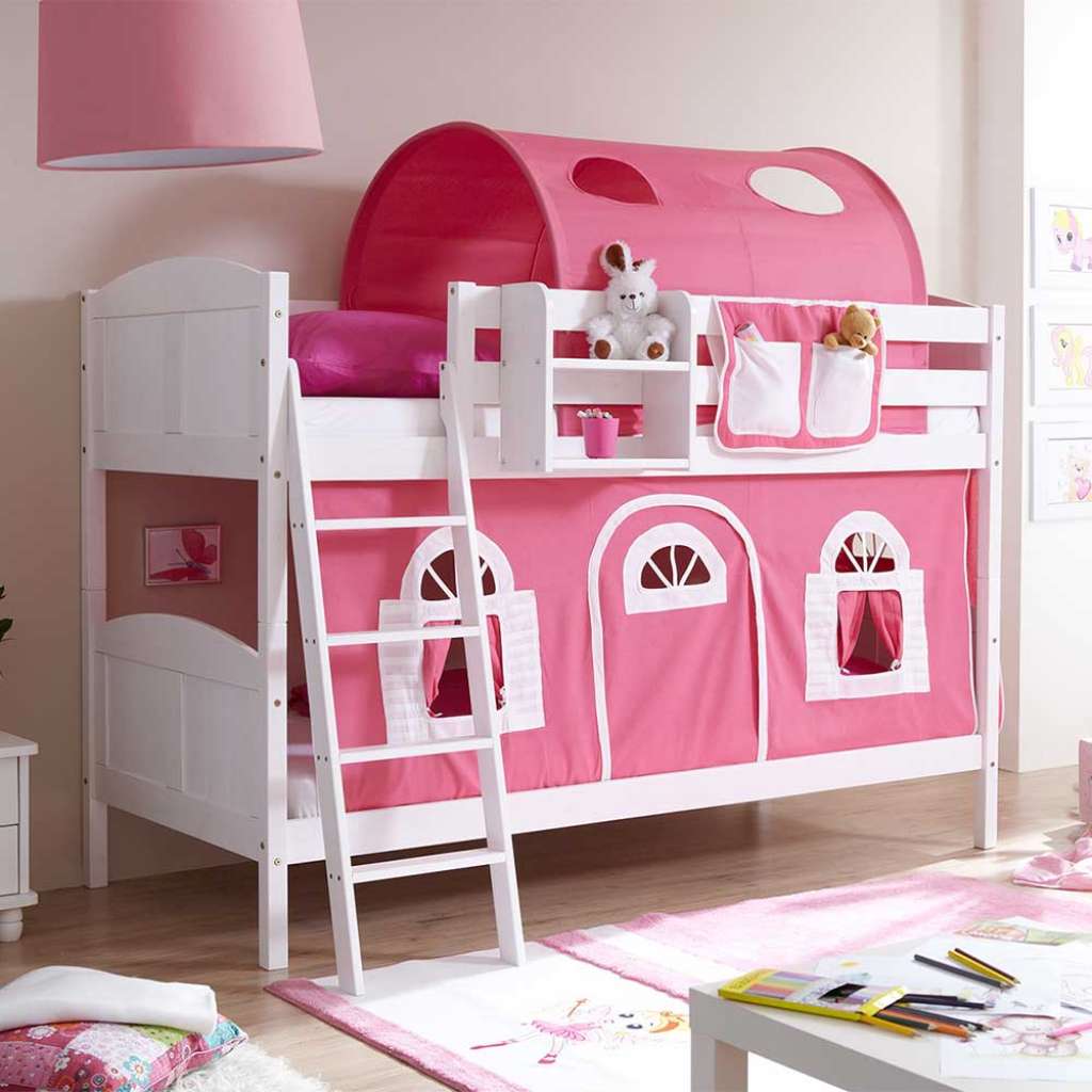 Etagenhochbett in Weiß und Pink Vorhang und Tunnel