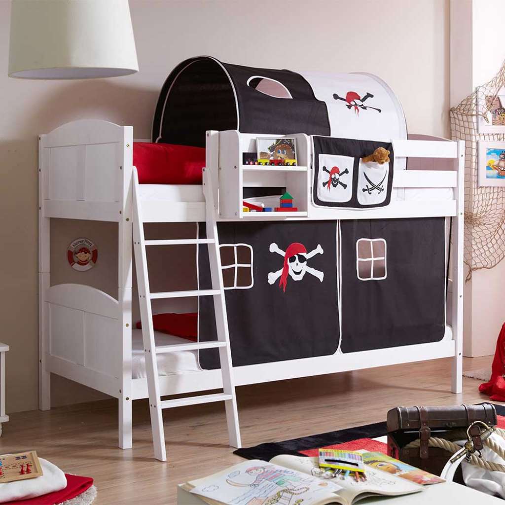 Piraten Stockbett mit Vorhang und Tunnel in Schwarz Weiß Kiefer Massivholz