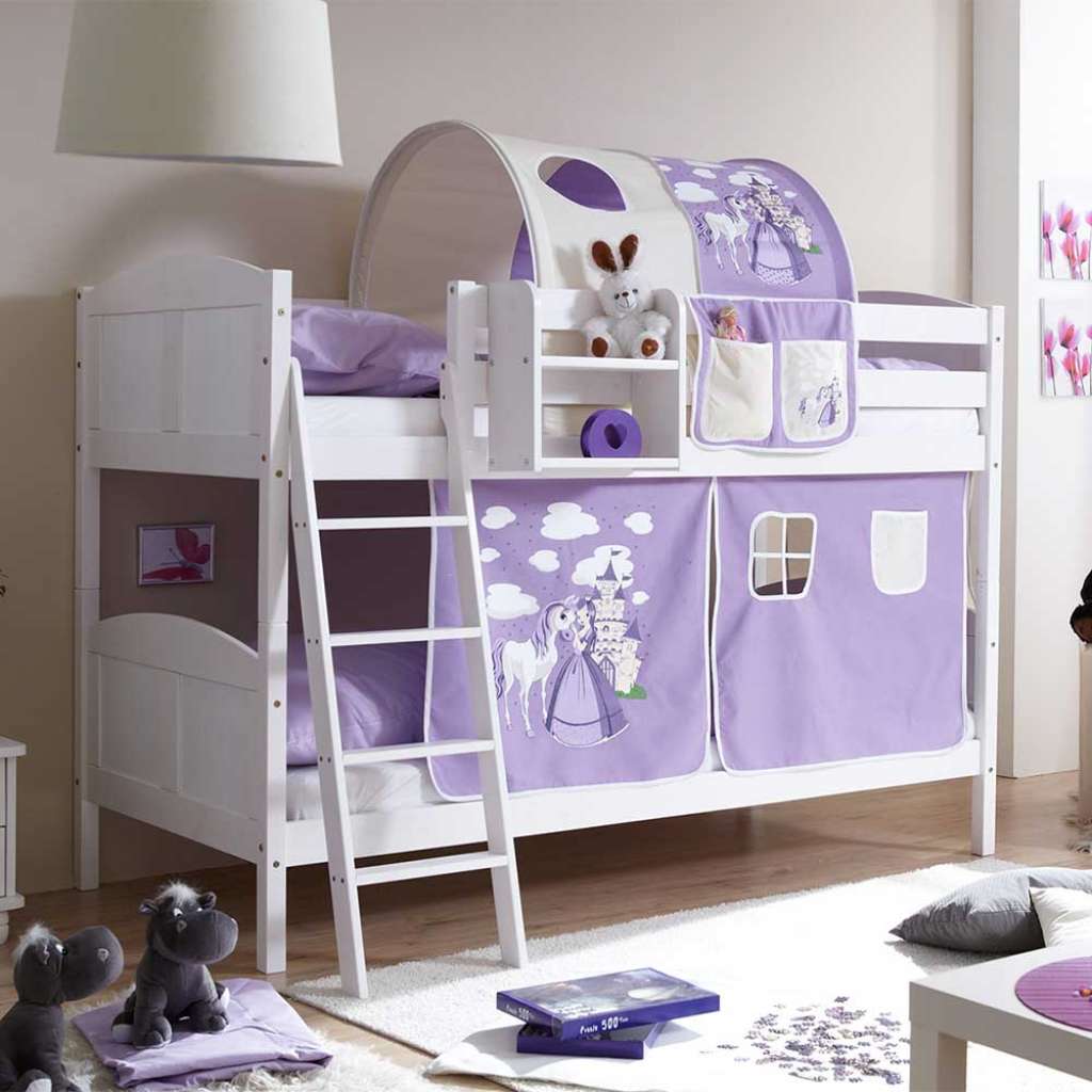 Prinzessin Stockbett mit Vorhang und Tunnel in Lila Kiefer Massivholz in Weiß