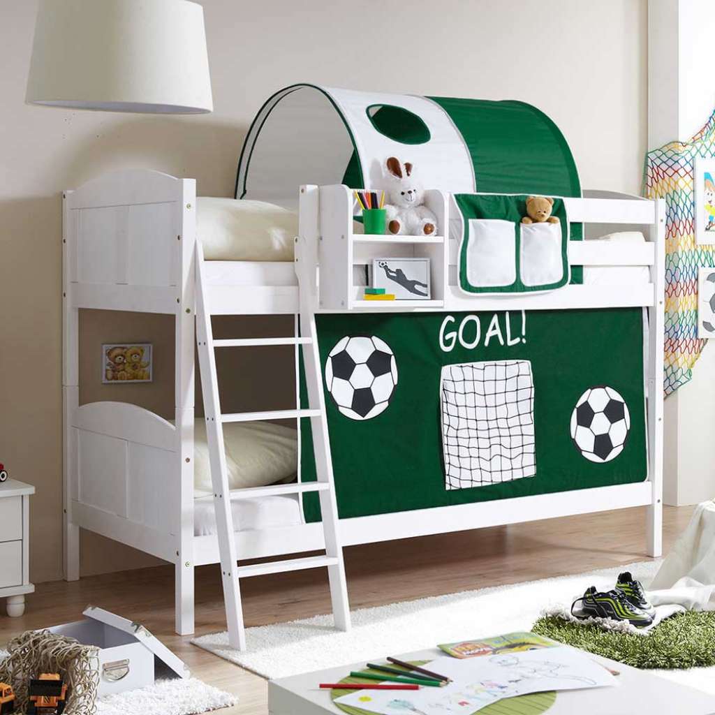 Fußball Etagenbett in Weiß Kiefer massiv Vorhang und Tunnel