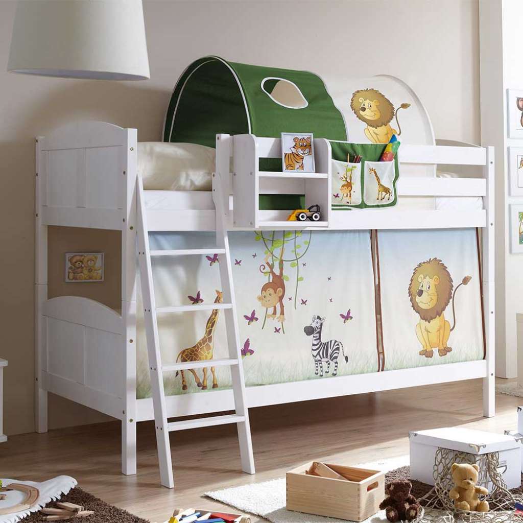 Kinder Stockbett mit Vorhang und Tunnel im Zoo Design Kiefer Massivholz in Weiß