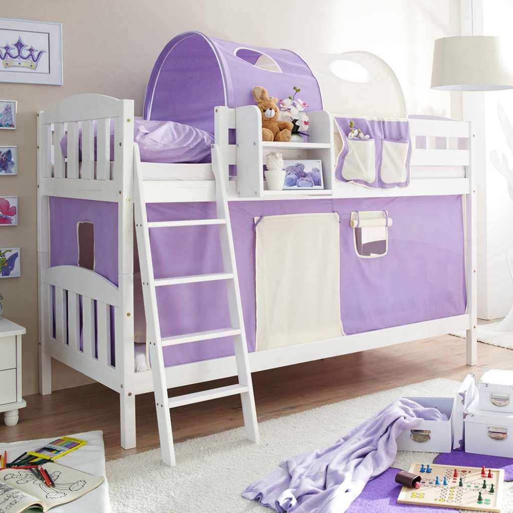 Massivholz Stockbett mit Tunnel und Vorhang in Lila Kiefer Massivholz in Weiß