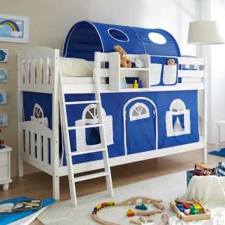 Kinder Etagenbett mit Tunnel in Blau Kiefer Massivholz in Weiß