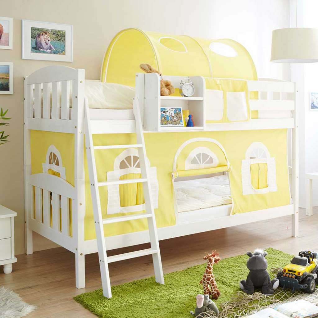 Zweier Hochbett in Weiß Kiefer massiv Tunnel und Vorhang in Gelb