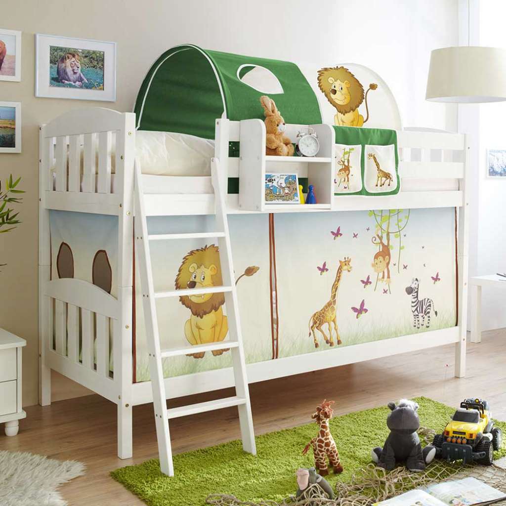 Stockbett mit Vorhang und Tunnel im Zoo Design Kiefer Massivholz in Weiß