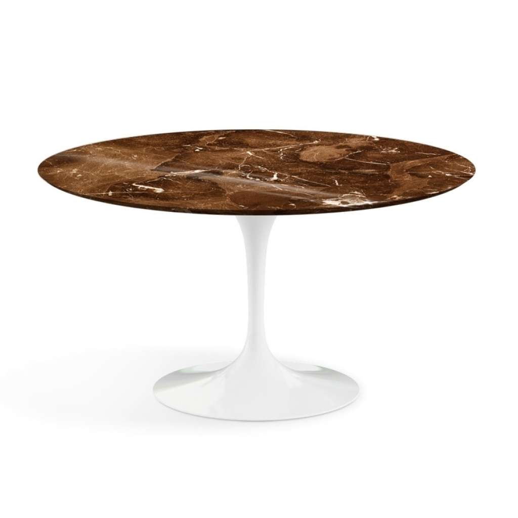 Knoll International - Saarinen Esstisch - rund 137 Ø - Brown Emperador Marmor - hochglänzend - Säulenfuß weiß - indoor
