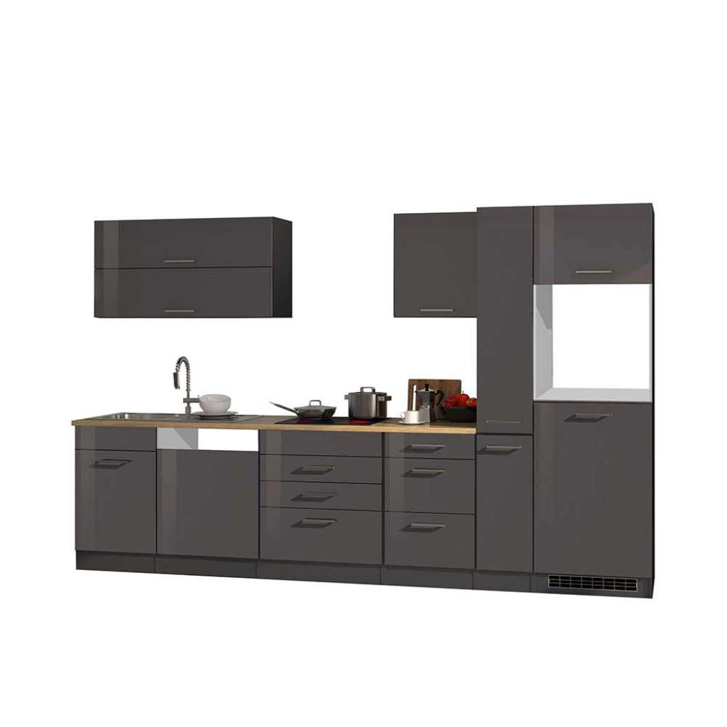 Küchenblock 330 cm breit Grau Hochglanz (8-teilig)