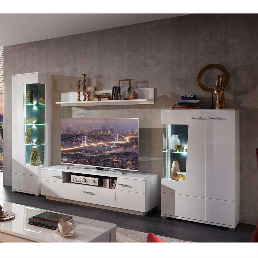 Wohnzimmerwand in Hochglanz Weiß LED Beleuchtung (4-teilig)