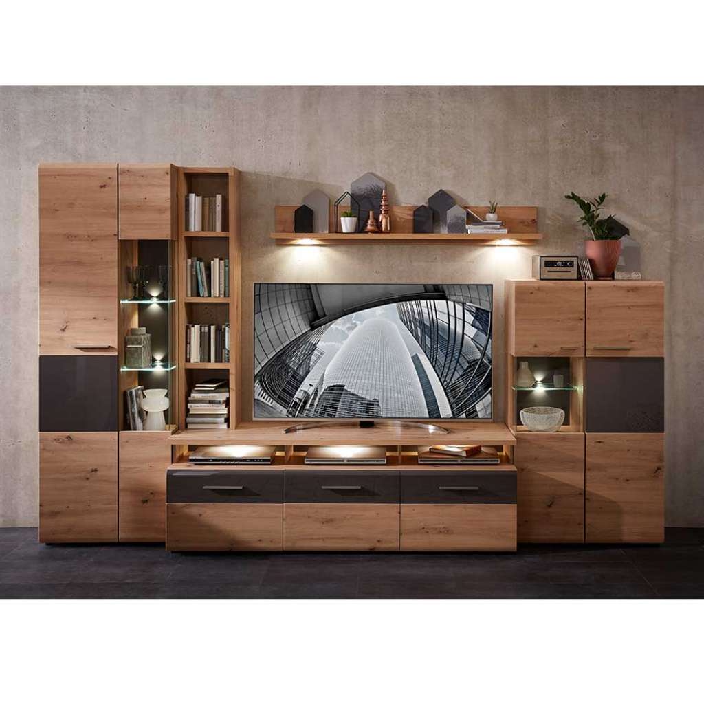 Moderne Wohnwand in Wildeichefarben und Dunkelgrau LED Beleuchtung (5-teilig)