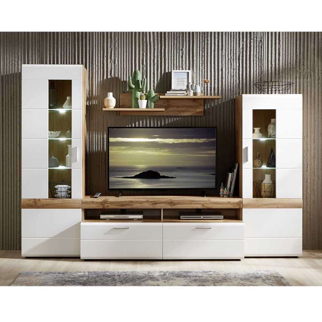 TV Wohnwand in Weiß und Eichefarben 280 cm breit (4-teilig)