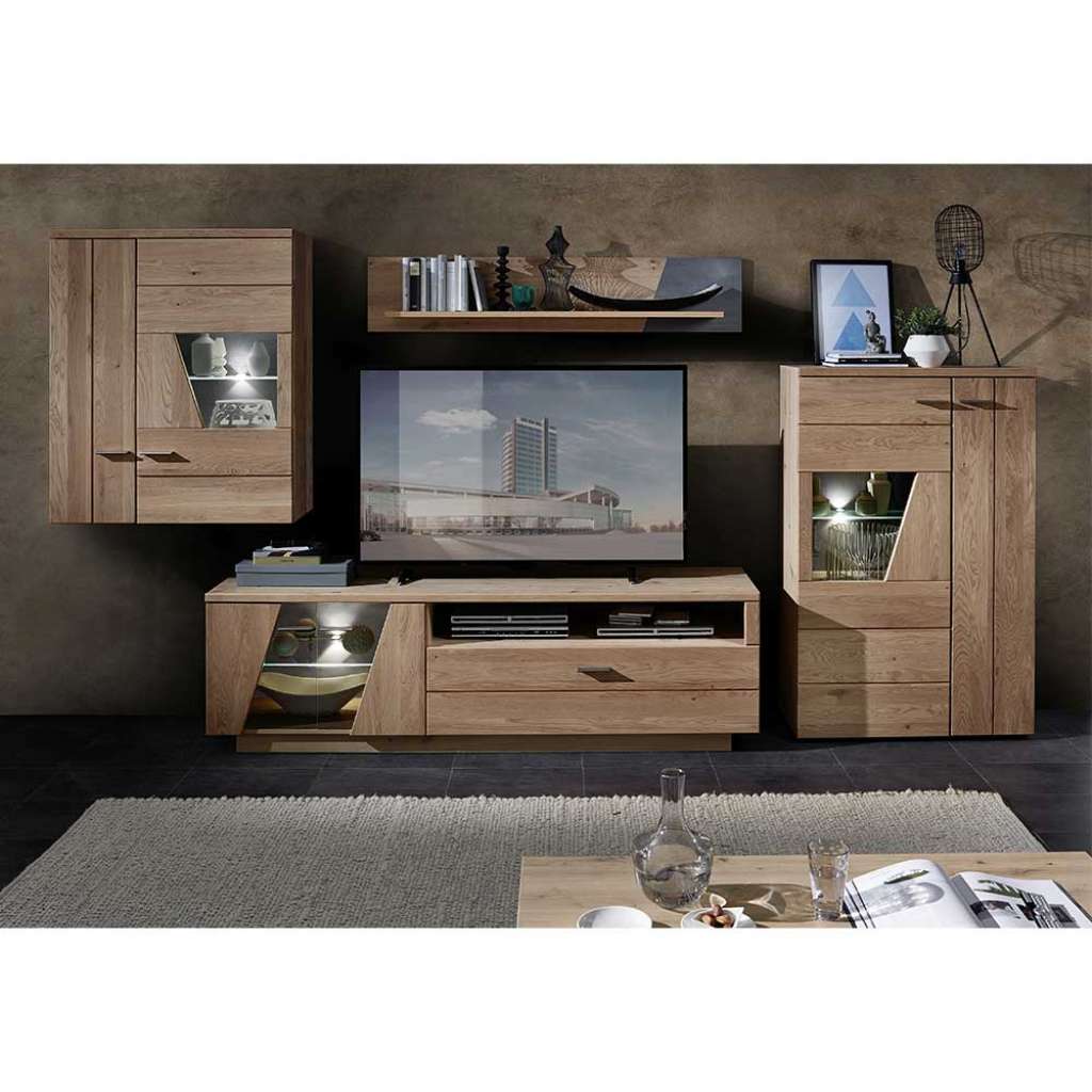 Wohnwand aus Wildeiche teilmassiv LED Beleuchtung (4-teilig)