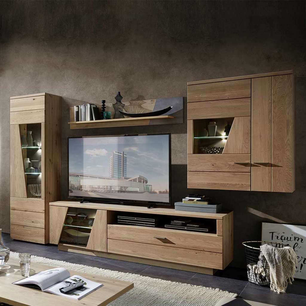 Wohnzimmer Anbauwand aus Wildeiche teilmassiv LED Beleuchtung (4-teilig)