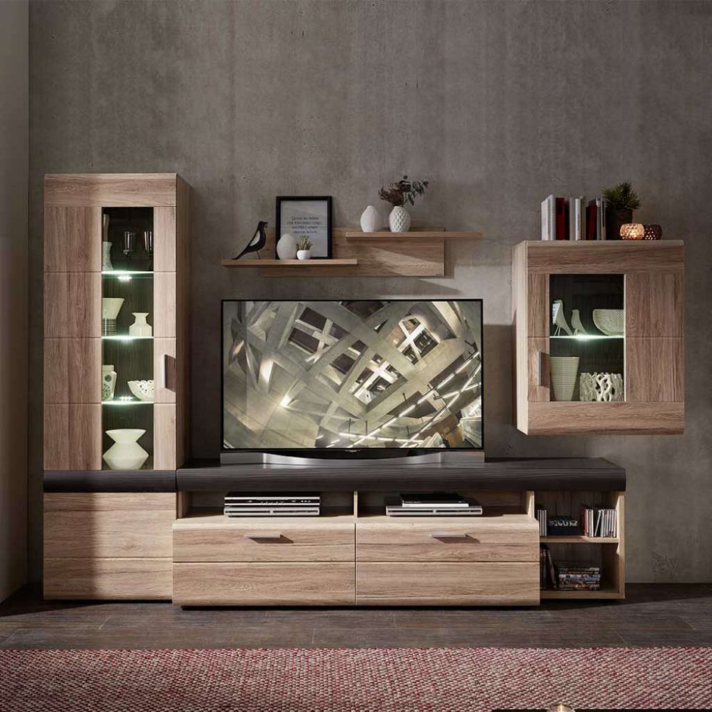 Wohnzimmer Schrankwand in Eiche San Remo und Dunkelgrau LED Beleuchtung (4-teilig)