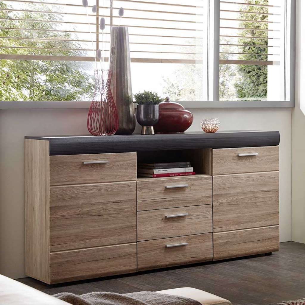 Wohnzimmer Kommode in Eiche San Remo und Dunkelgrau 160 cm breit