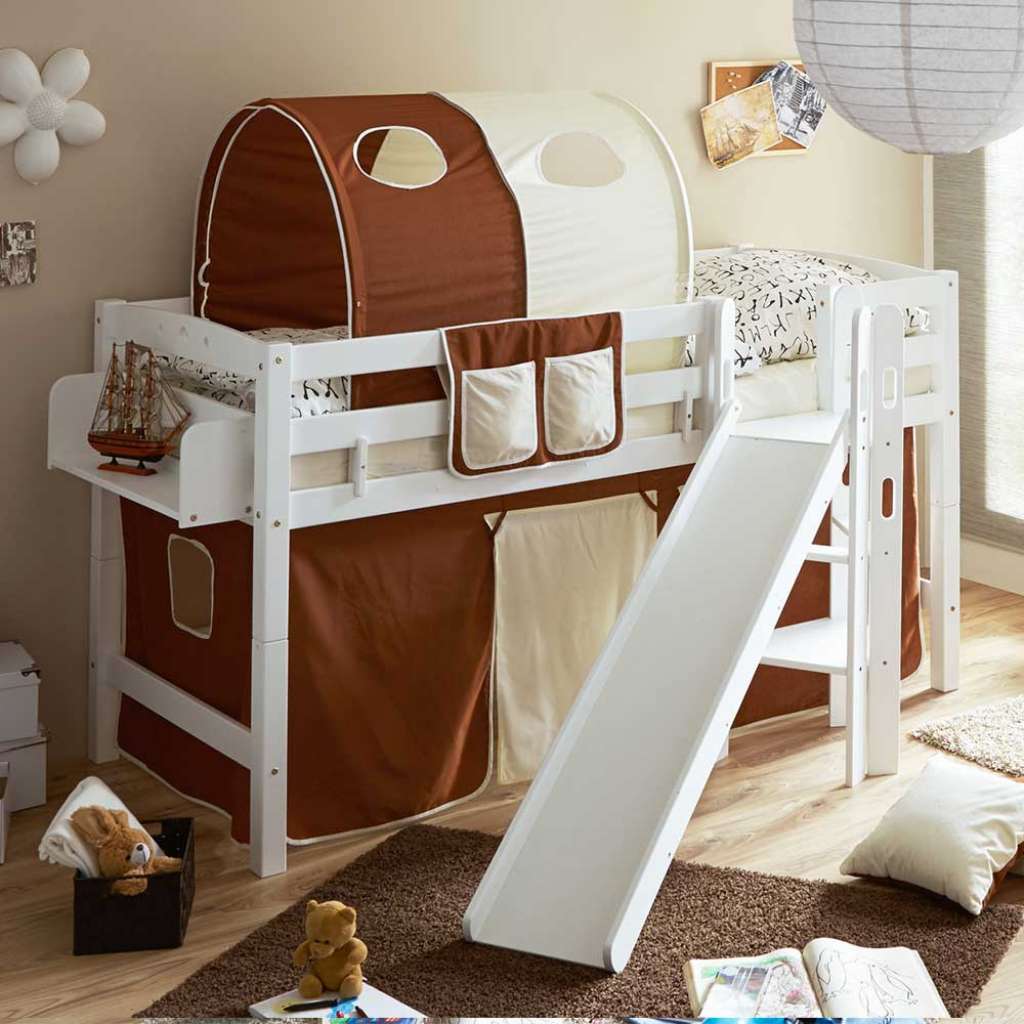 Kinderhochbett mit Rutsche und Vorhang Buche Massivholz