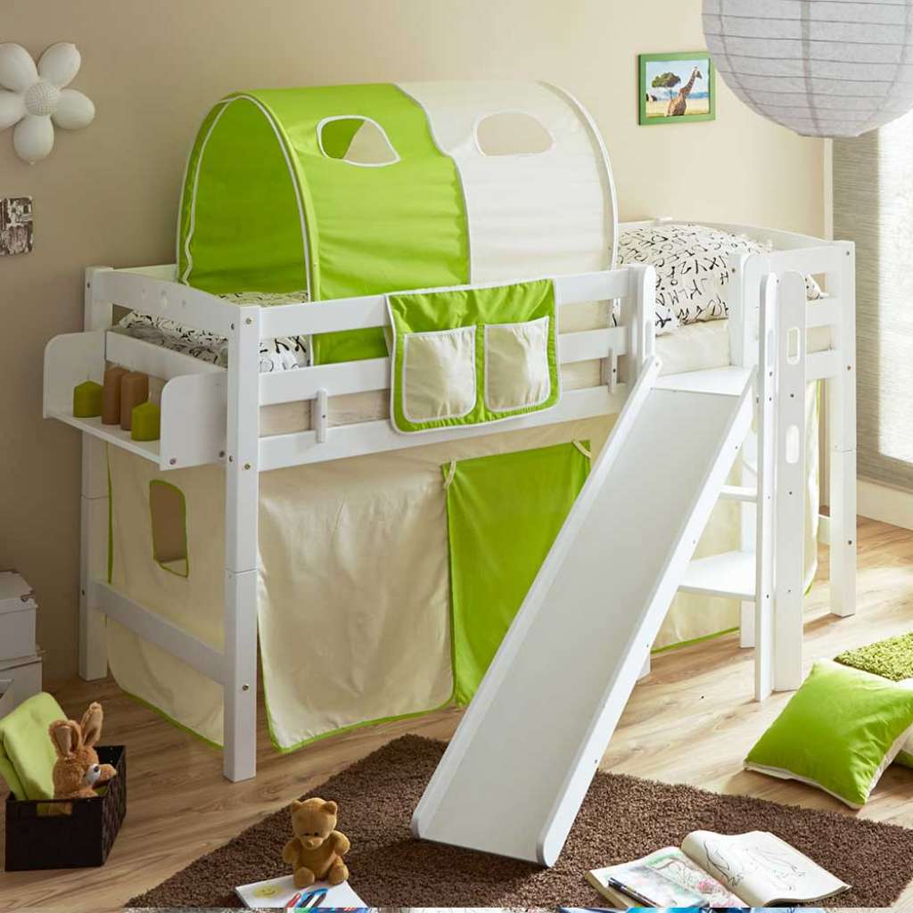 Halbhohes Bett für Kinderzimmer Rutsche und Vorhang in Hellgrün
