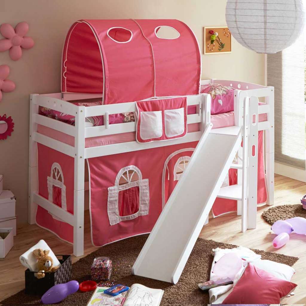 Halbhohes Kinderbett für Mädchen Rutsche und Vorhang in Rosa
