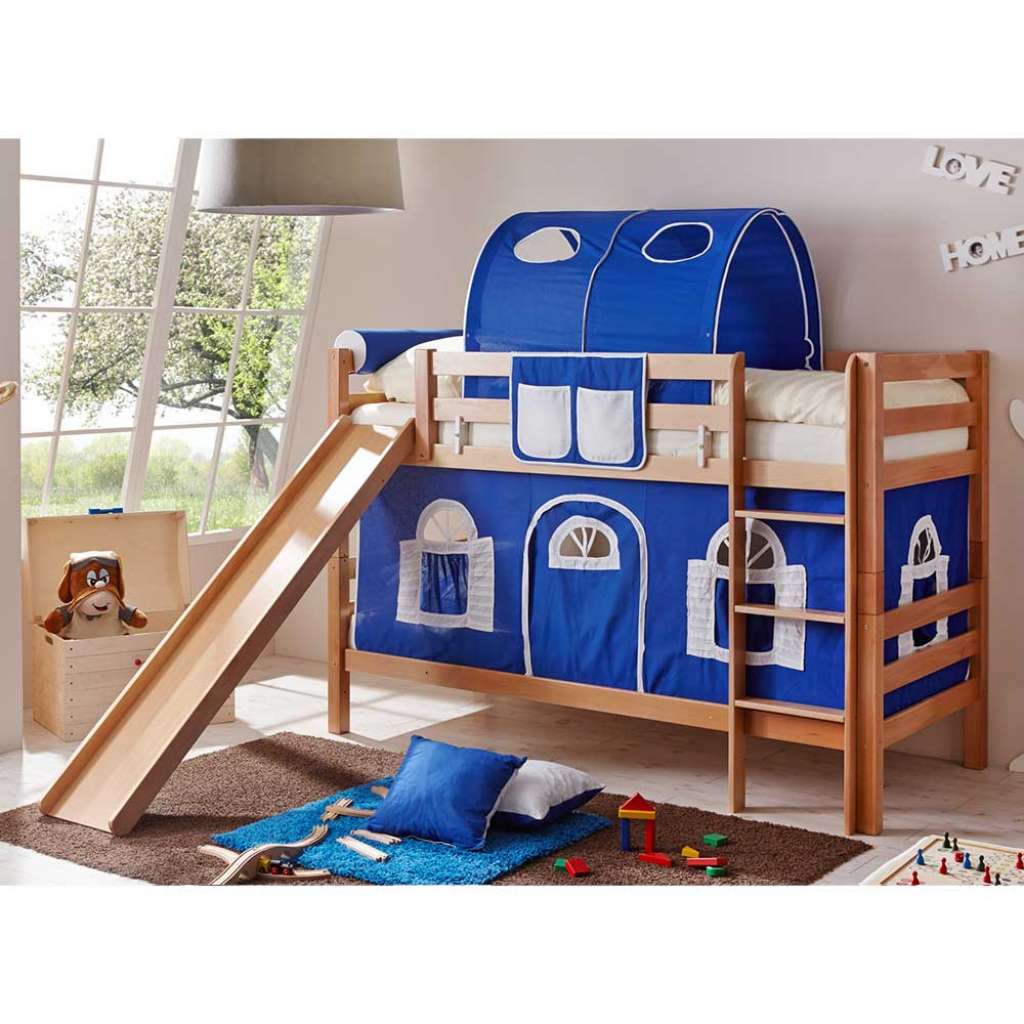 Etagenhochbett aus Buche Massivholz Rutsche und Vorhang in Blau