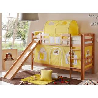 Kinderzimmer Stockbett aus Buche Massivholz Rutsche und Tunnel in Gelb