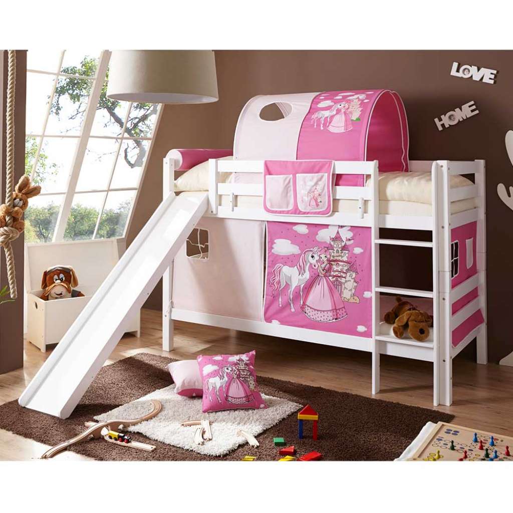 Prinzessin Rutschbett in Weiß Buche massiv Vorhang und Tunnel in Rosa