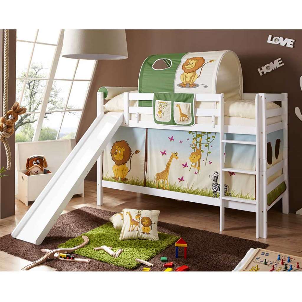 Kinderzimmer Rutschbett mit Zootier Motiven Buche Massivholz in Weiß