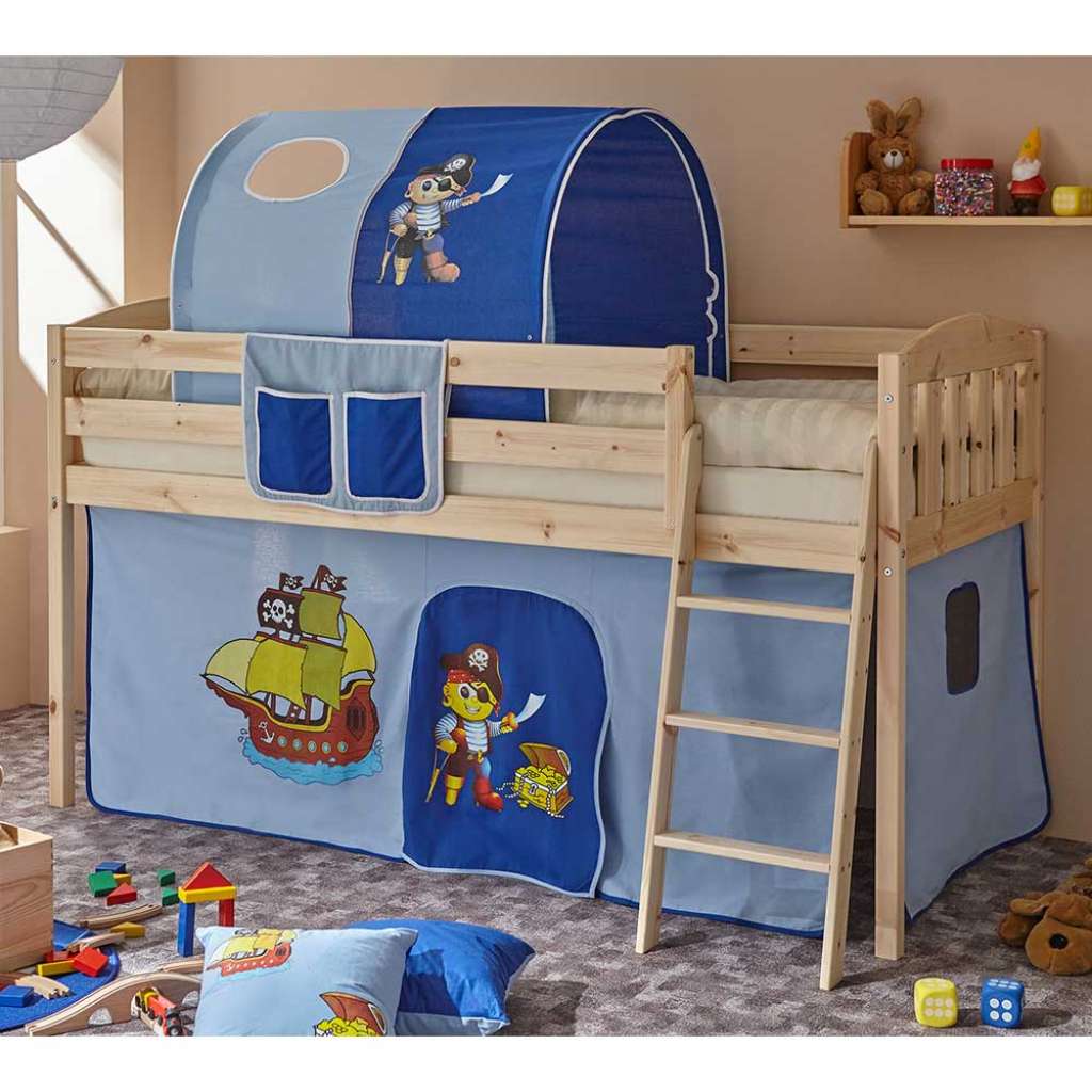 Halbhohes Kinderbett aus Kiefer Massivholz Stofftunnel im Piraten Design