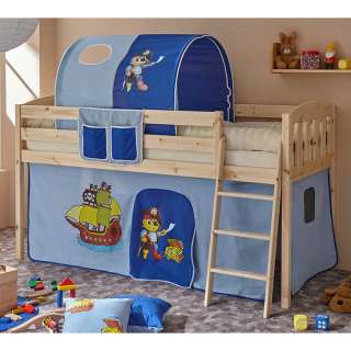 Halbhohes Kinderbett aus Kiefer Massivholz Stofftunnel im Piraten Design