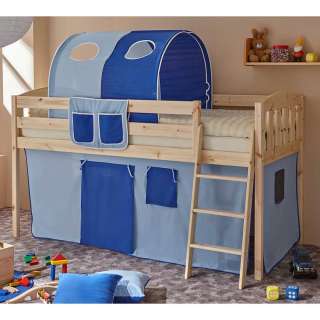 Massivholz Kinderbett aus Kiefer lackiert Stofftunnel in Blau