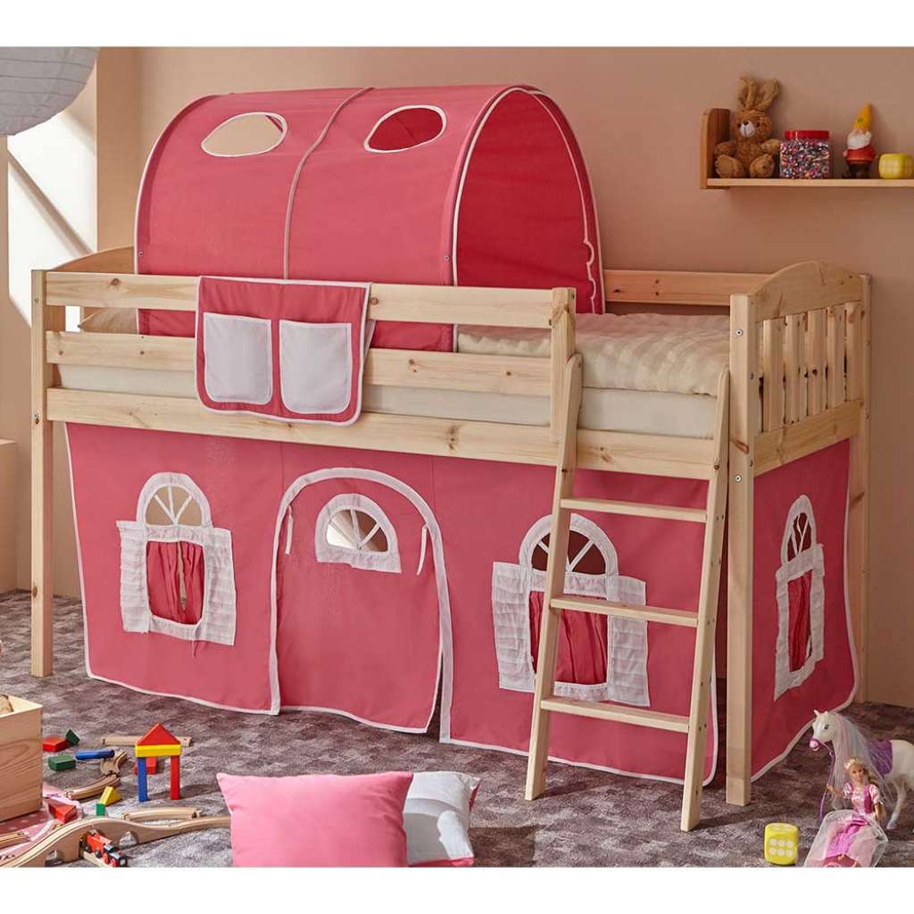Halbhohes Bett für Mädchenzimmer Tunnel und Vorhang in Pink