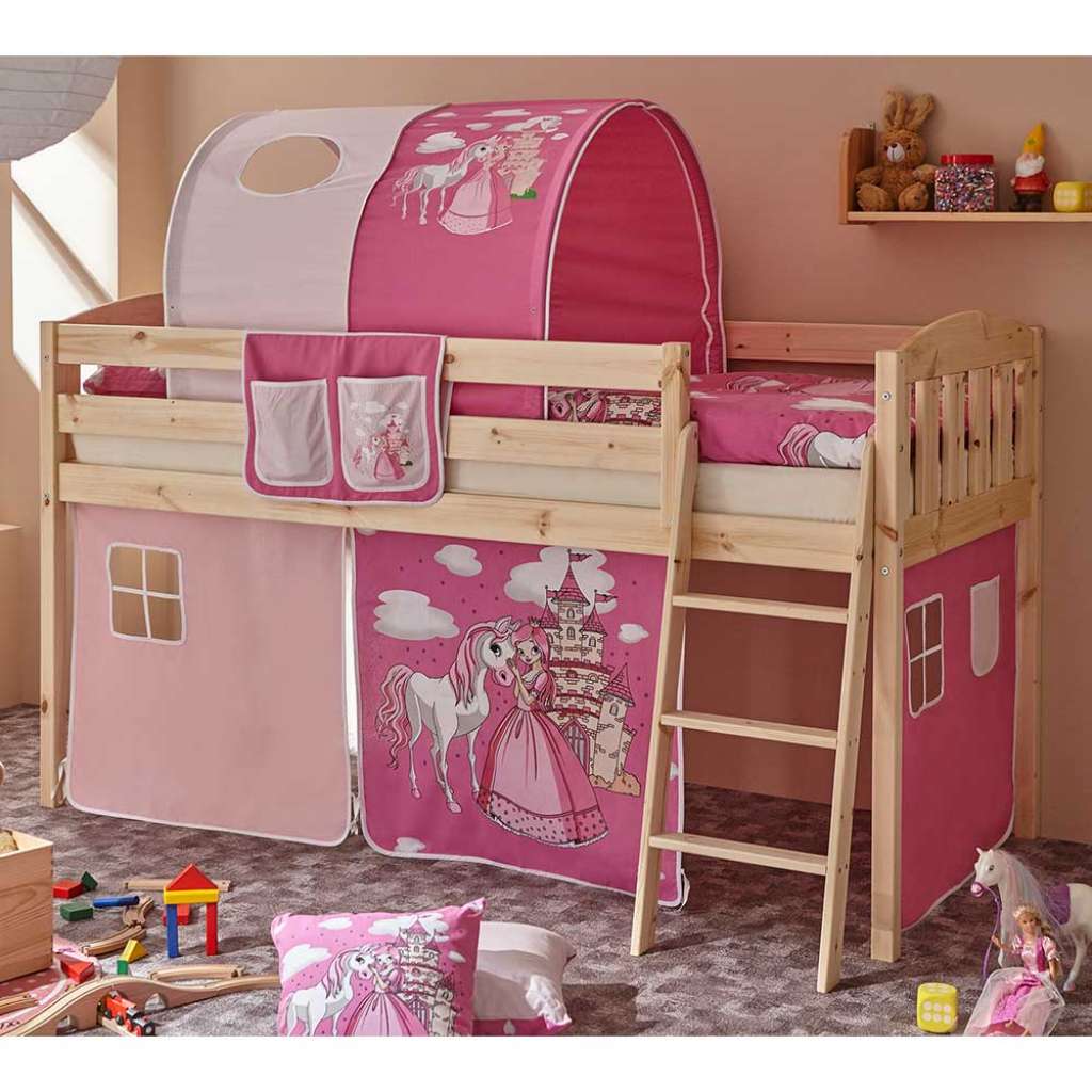 Prinzessin Kinderzimmer Bett aus Kiefer Massivholz Tunnel und Vorhang in Pink