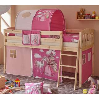 Prinzessin Kinderzimmer Bett aus Kiefer Massivholz Tunnel und Vorhang in Pink