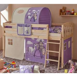Halbhohes Prinzessinbett in Lila und Beige Kiefer Massivholz