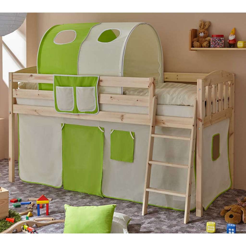 Kinderzimmer Bett mit Tunnel und Vorhang in Hellgrün halbhoch