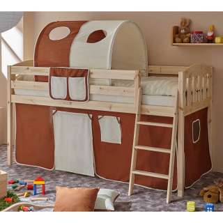 Kinderzimmer Hochbett aus Kiefer Massivholz Stofftunnel und Vorhang