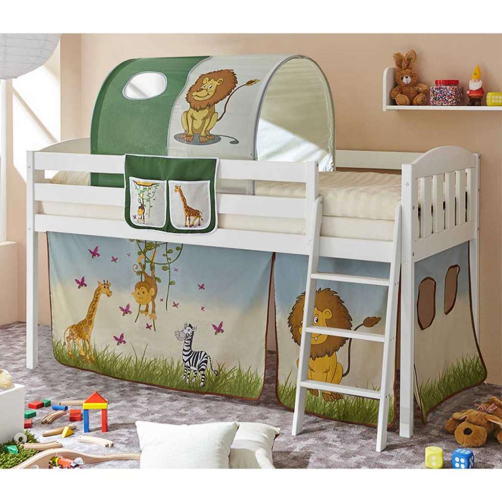 Kinderzimmer Halbhochbett mit Zootier Motiven Kiefer Massivholz