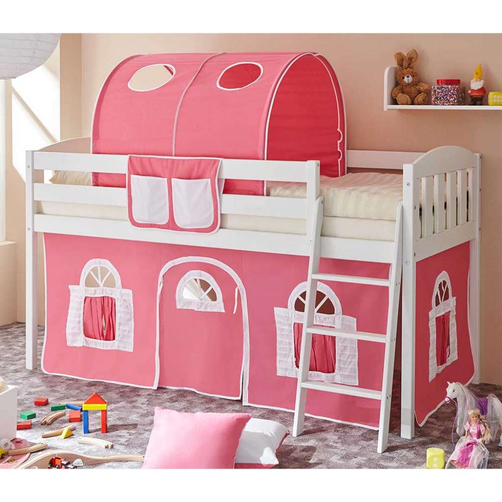 Kinder Hochbettgestell mit Stofftunnel und Vorhang in Pink halbhoch