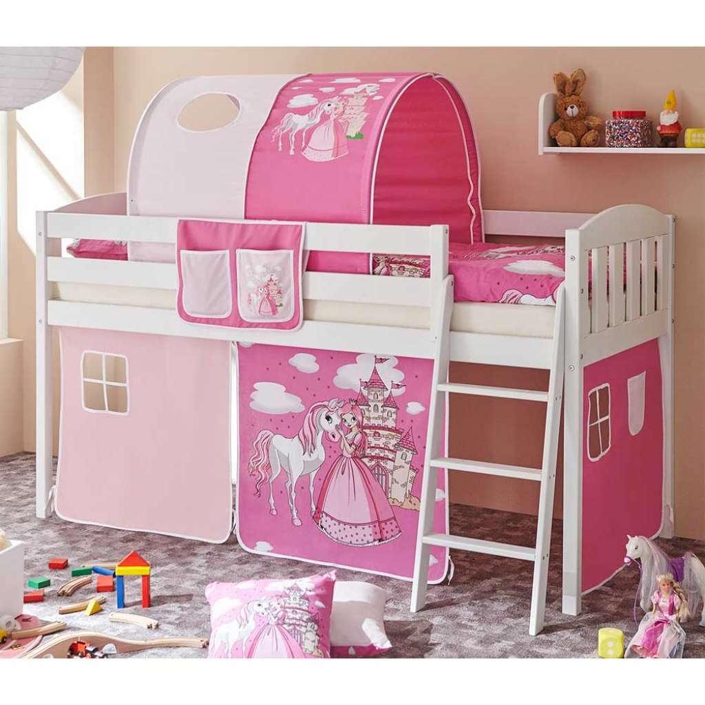 Prinzessin Hochbett mit Stofftunnel und Vorhang in Pink halbhoch